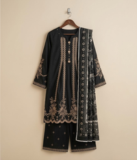 Black Cotton Embroidered A-Line 3 Piece Suit