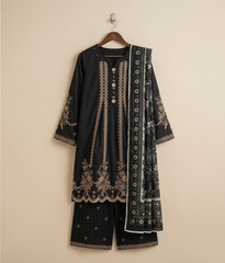 Black Cotton Embroidered A-Line 3 Piece Suit