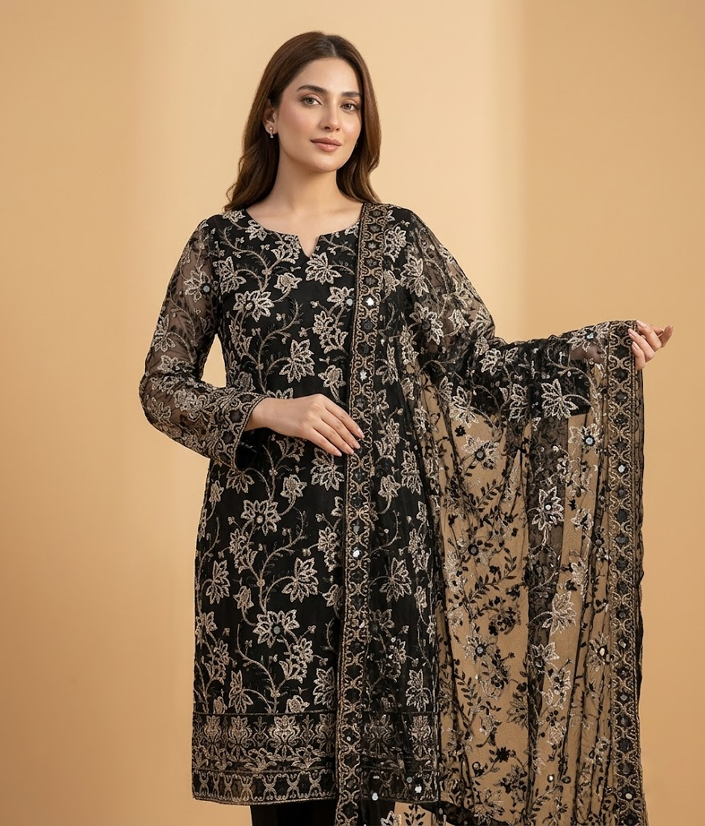 Black Embroidered Mesh Chiffon 2 Piece