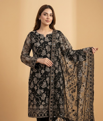 Black Embroidered Mesh Chiffon 2 Piece