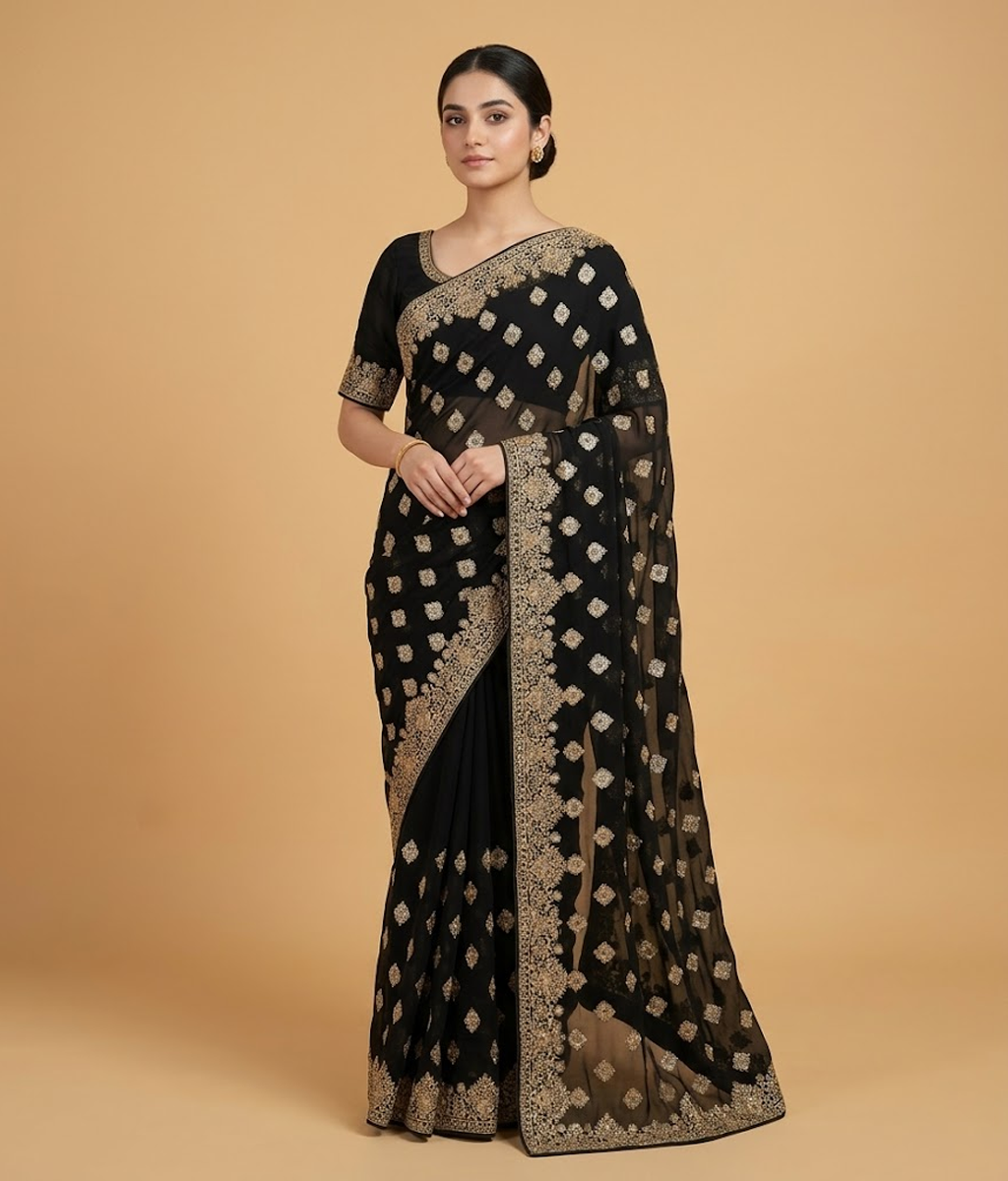 Black Hand-worked Gilded Chiffon Saree