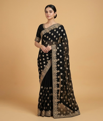 Black Hand-worked Gilded Chiffon Saree