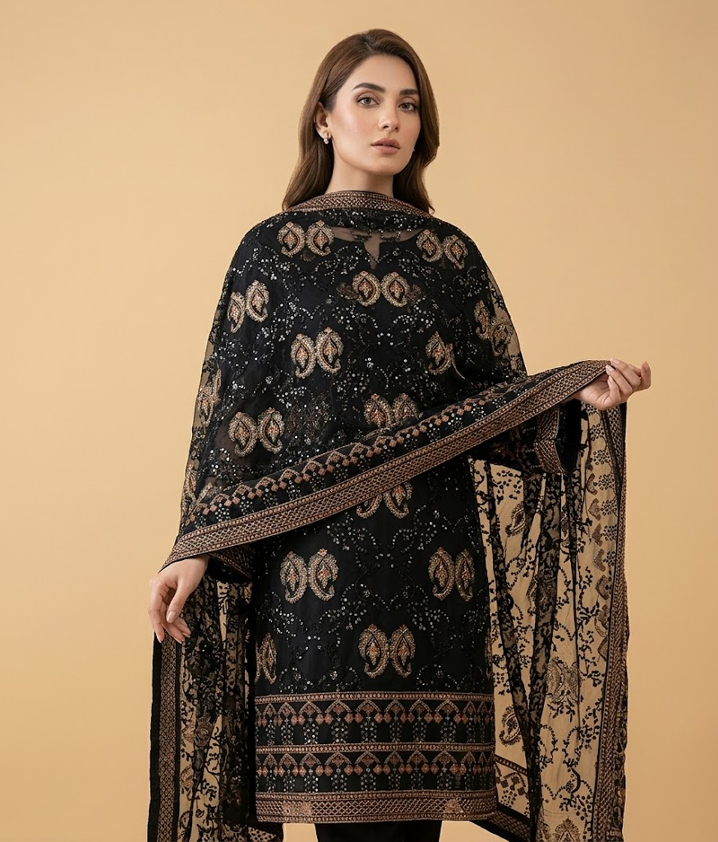 Black Lattice Jaal Chiffon 2 Piece