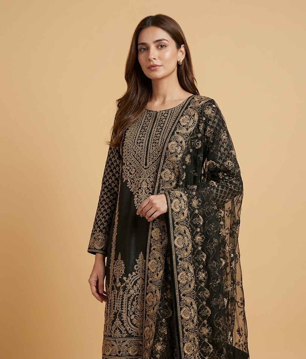 Black Raw Silk 2 Piece Shirt and Dupatta