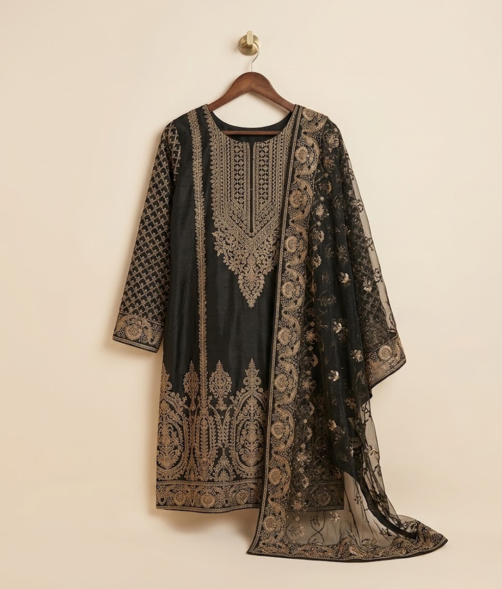 Black Raw Silk 2 Piece Shirt and Dupatta