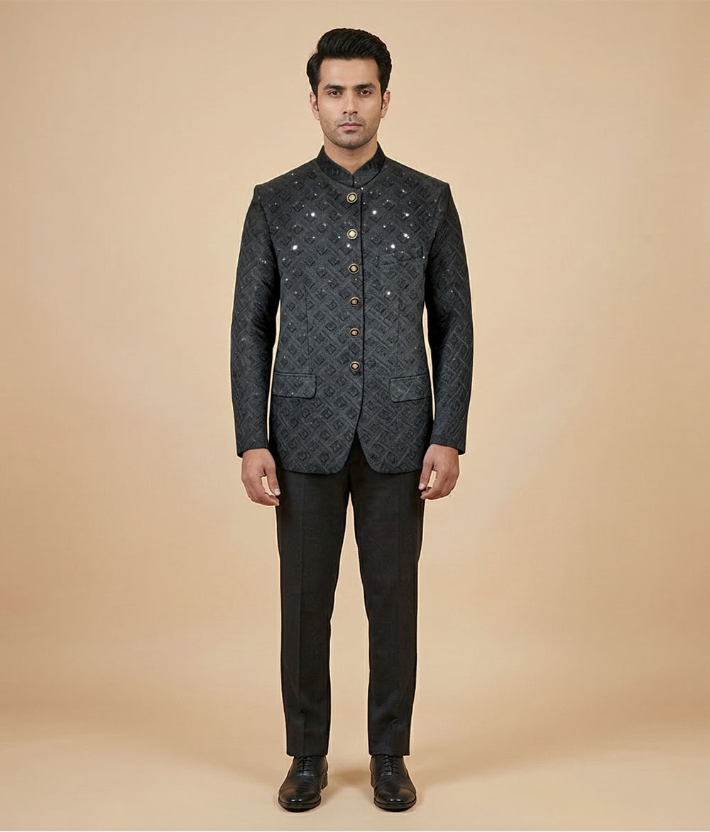 Black Classic Embroidered Raw Silk Prince Coat