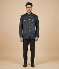 Black Classic Embroidered Raw Silk Prince Coat