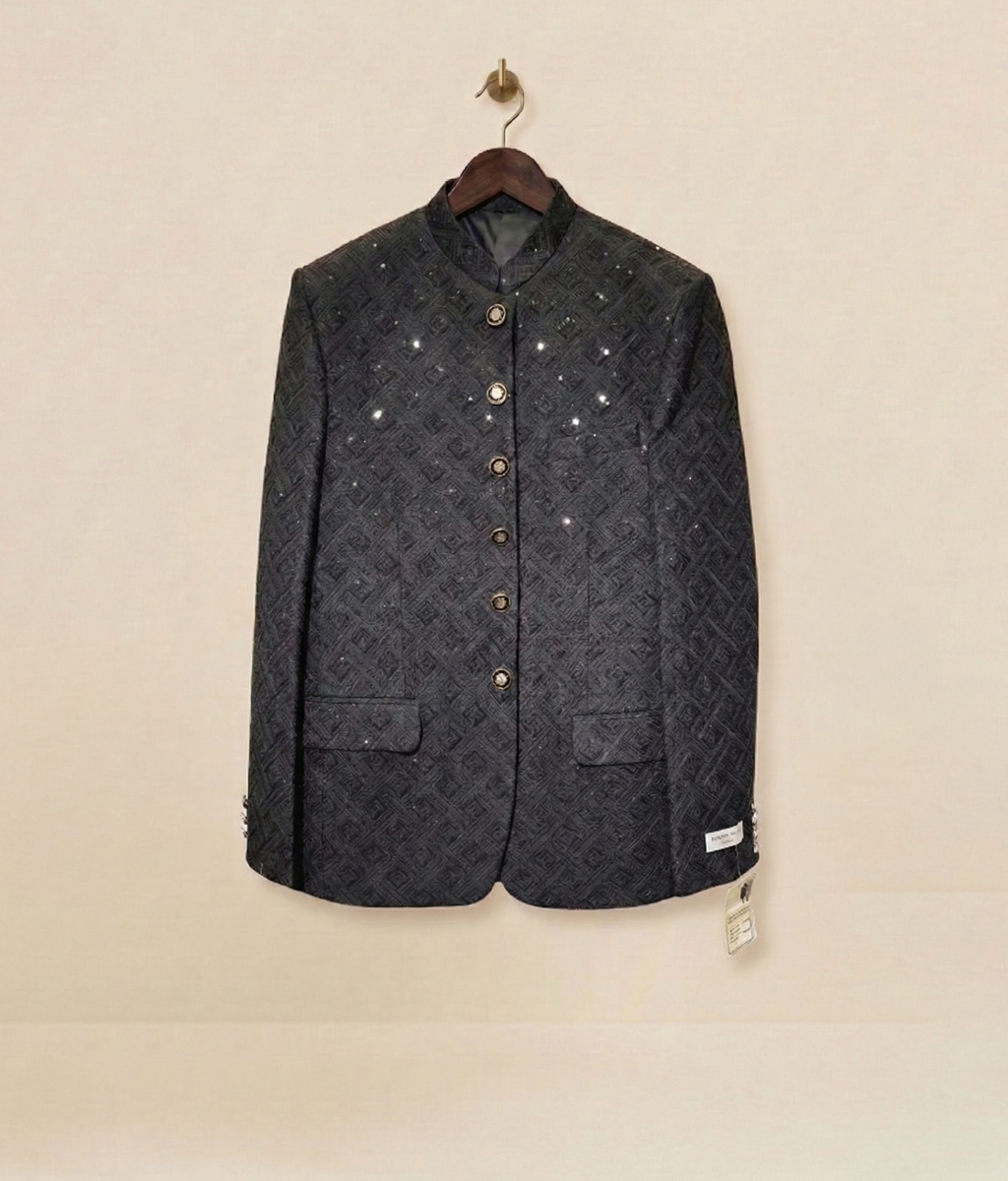 Black Classic Embroidered Raw Silk Prince Coat