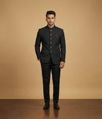 Black Sequence Embroidered Raw Silk Prince Coat