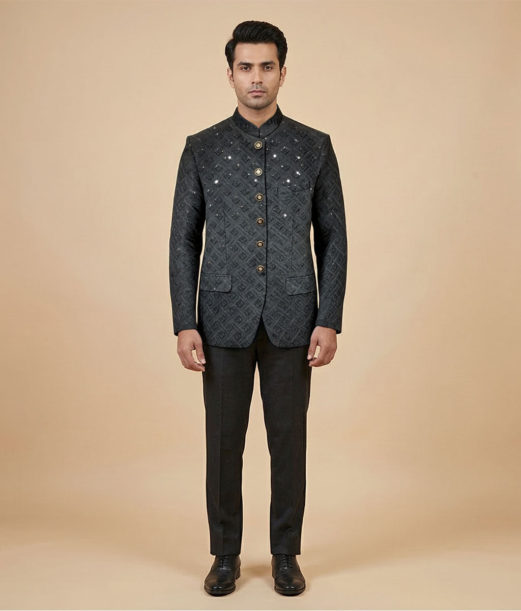 Black Classic Embroidered Raw Silk Prince Coat