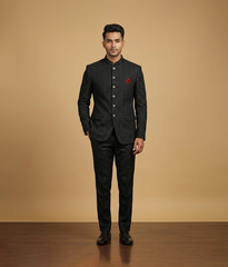 Black Sequence Embroidered Raw Silk Prince Coat
