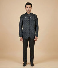 Black Classic Embroidered Raw Silk Prince Coat