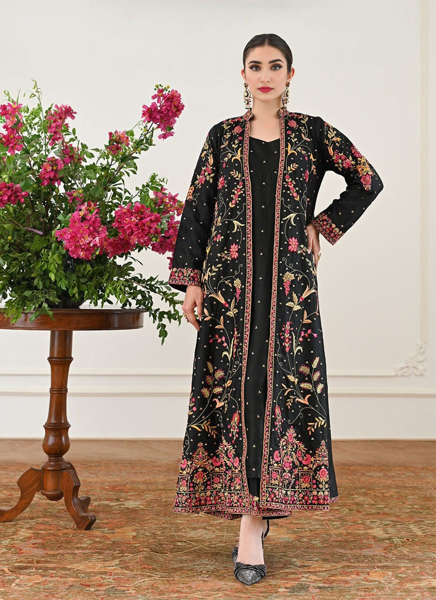 Black Silk Multi-Color Resham & Zari Open Gown