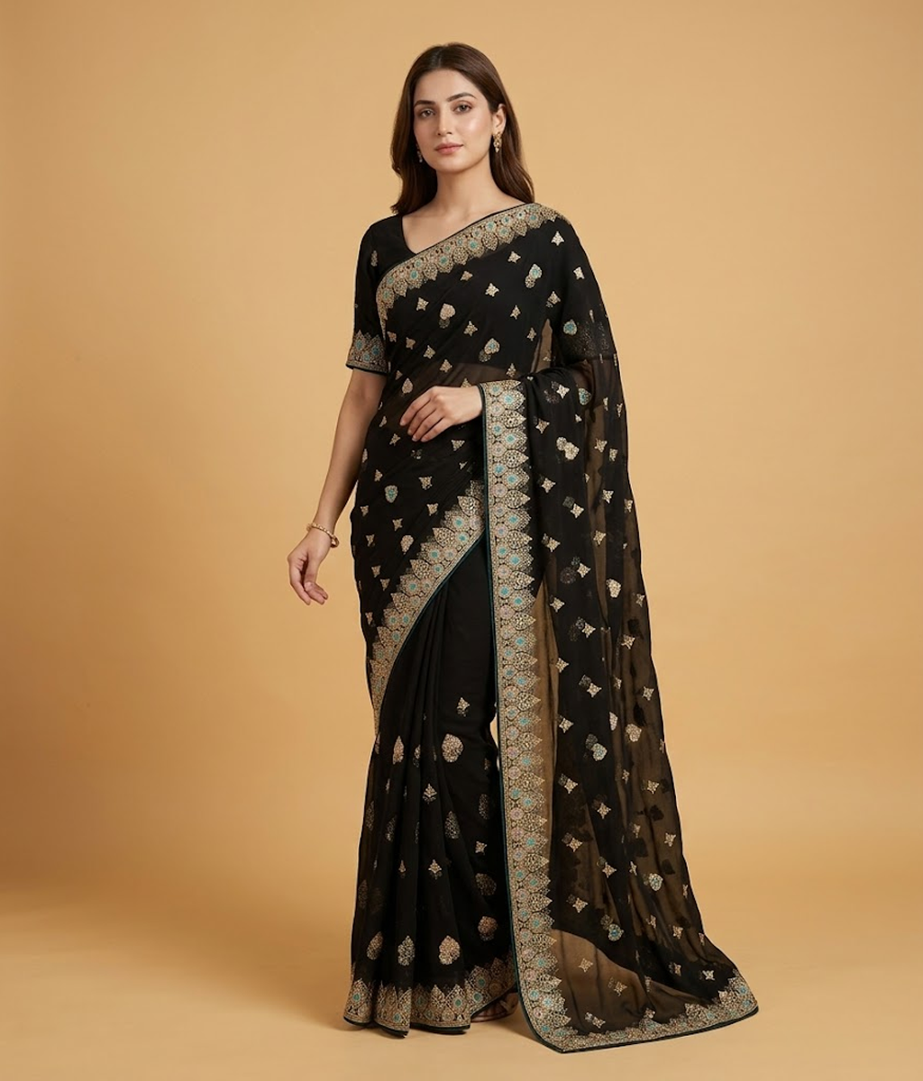 Black Tilla & metallic threadwork Chiffon Saree