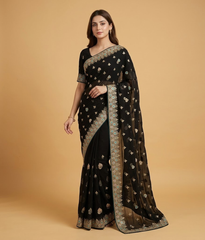 Black Tilla & metallic threadwork Chiffon Saree