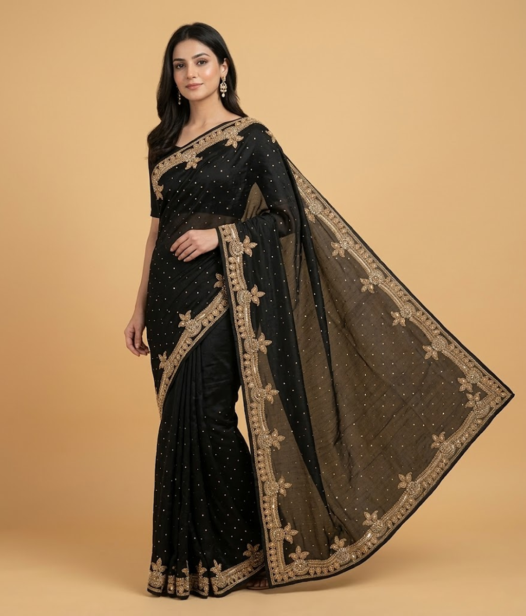 Black Zardozi Tissue Silk Saree