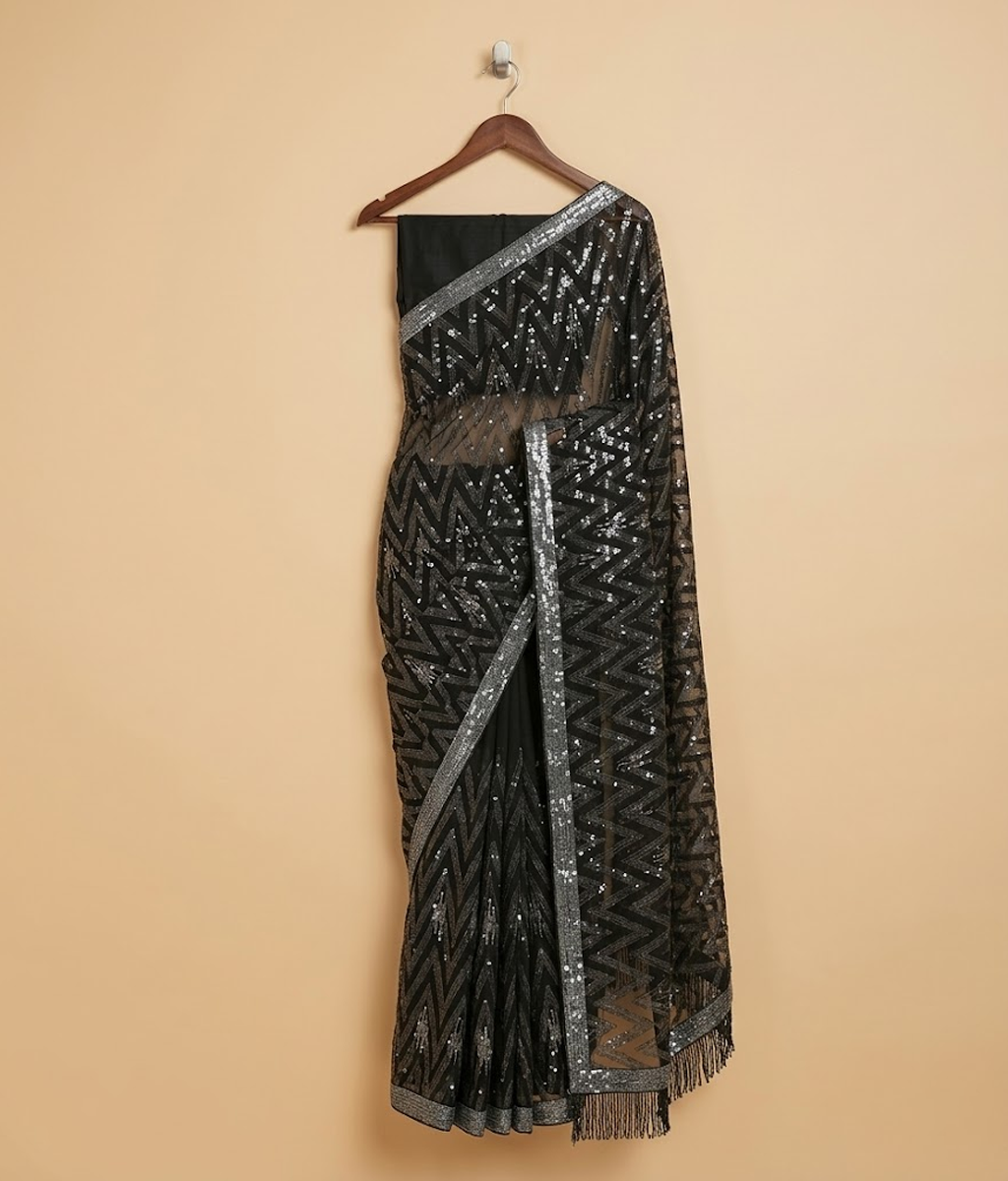 Black Zig-Zag Dual Tone Patterned Net Saree with Silk Blouse