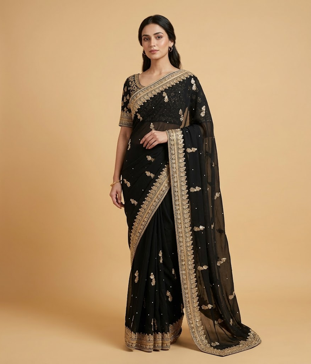 Black and Gold Butti Work Saree