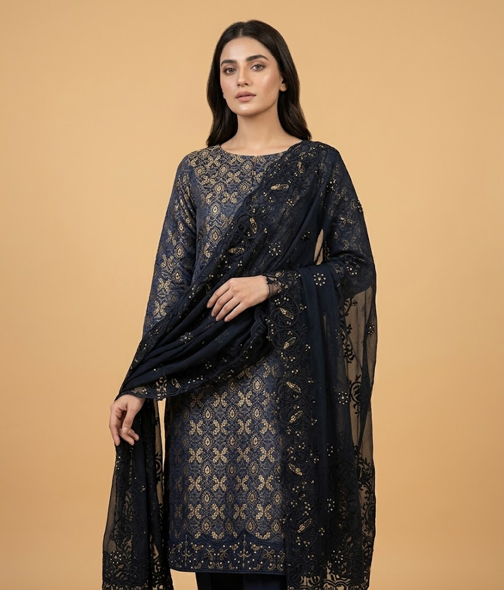 Black and Gold Chiffon 2 Piece Shirt and Dupatta