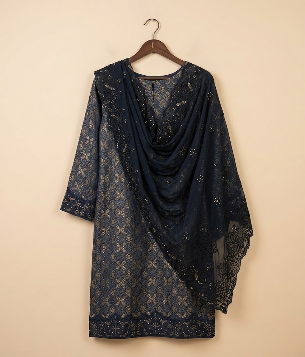 Black and Gold Chiffon 2 Piece Shirt and Dupatta
