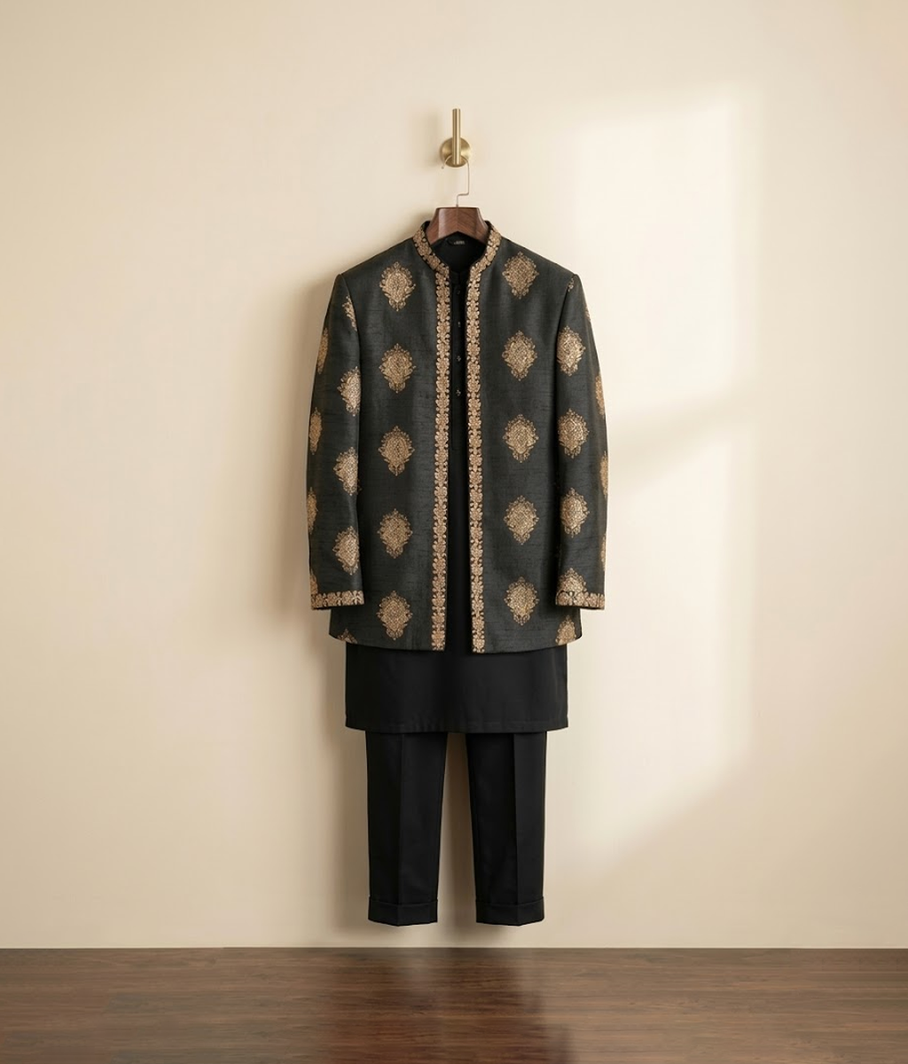 Black and gold embroidered open prince coat