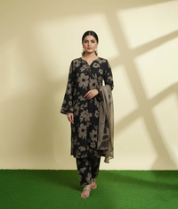 Black and grey arabic Lawn printed 3 piece