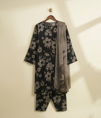 Black and grey arabic Lawn printed 3 piece