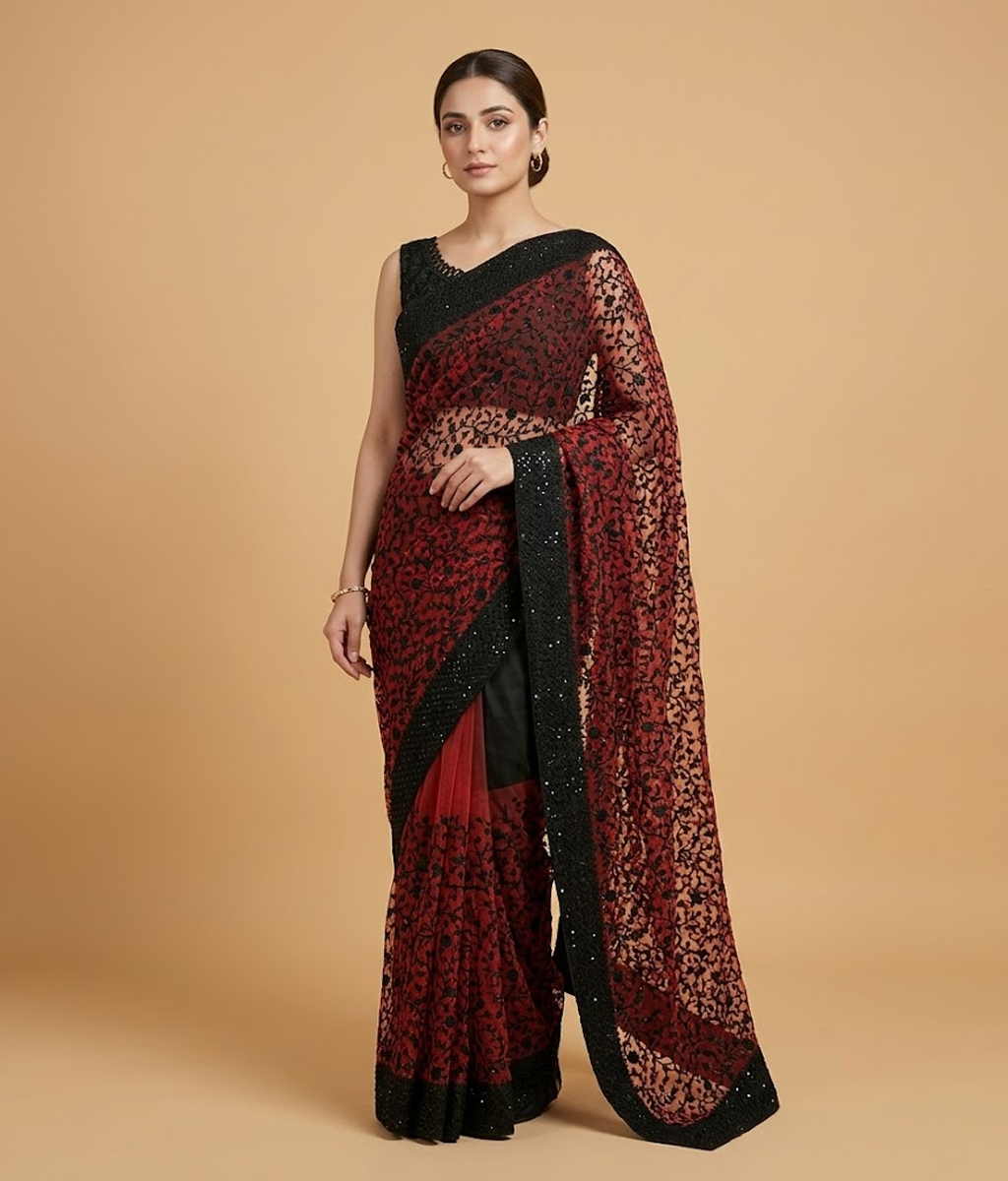 Black and orange Embroidered Jaal Net Saree