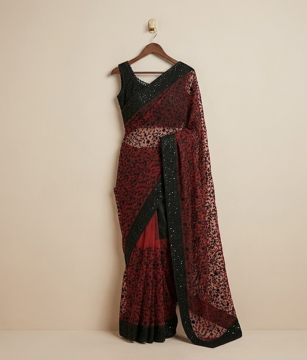 Black and orange Embroidered Jaal Net Saree