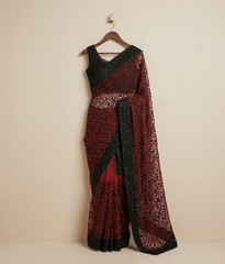 Black and orange Embroidered Jaal Net Saree