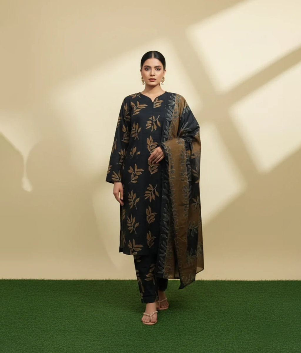 Black arabic Lawn leaves pattern printed 3 piece