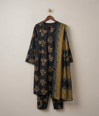 Black arabic Lawn leaves pattern printed 3 piece