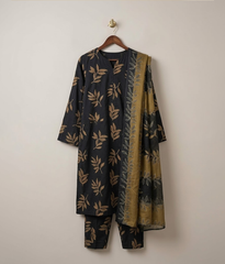 Black arabic Lawn leaves pattern printed 3 piece
