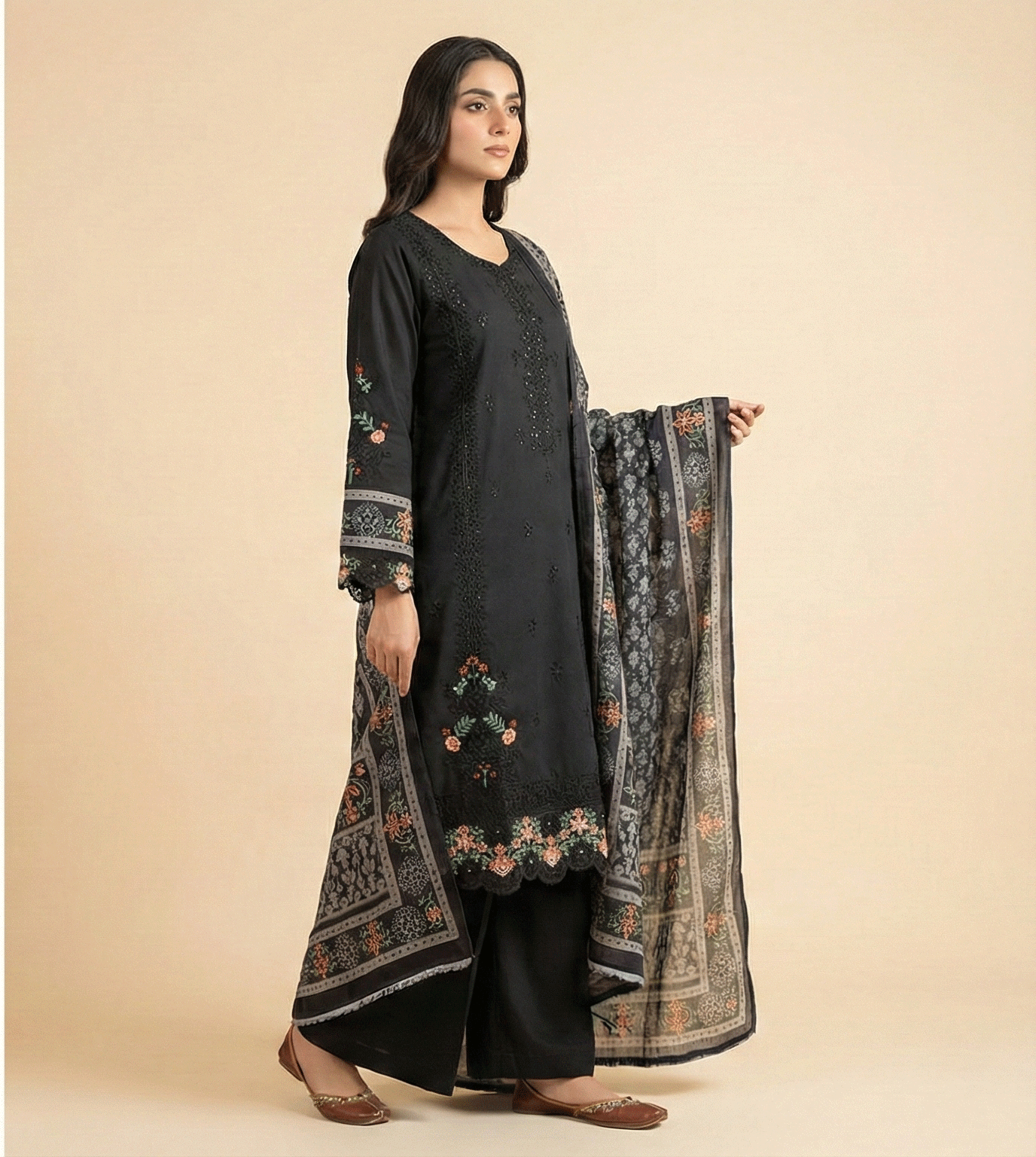 Black cotton 3 piece with embroidery work