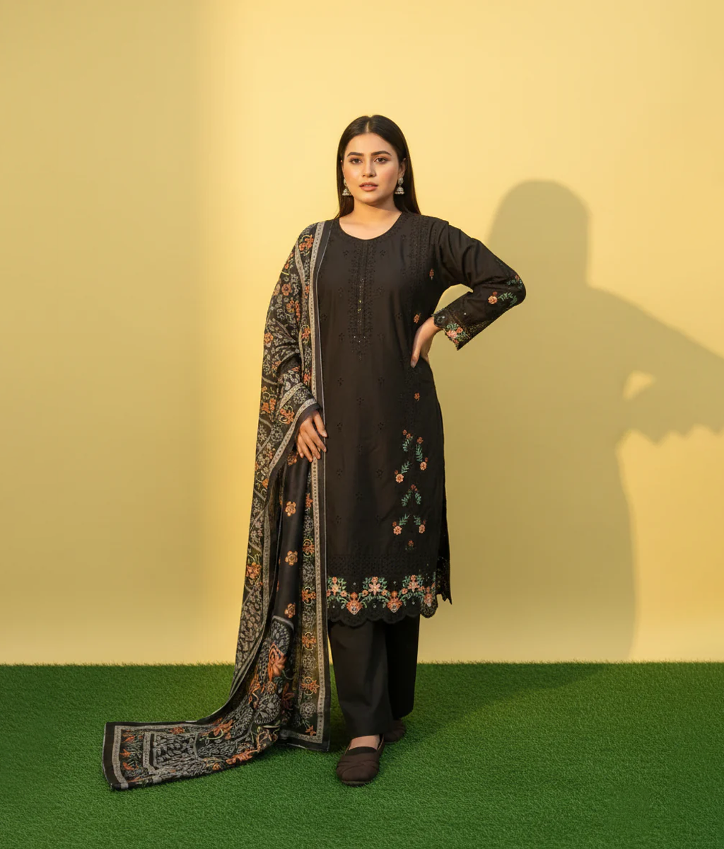 Black cotton 3 piece with embroidery work