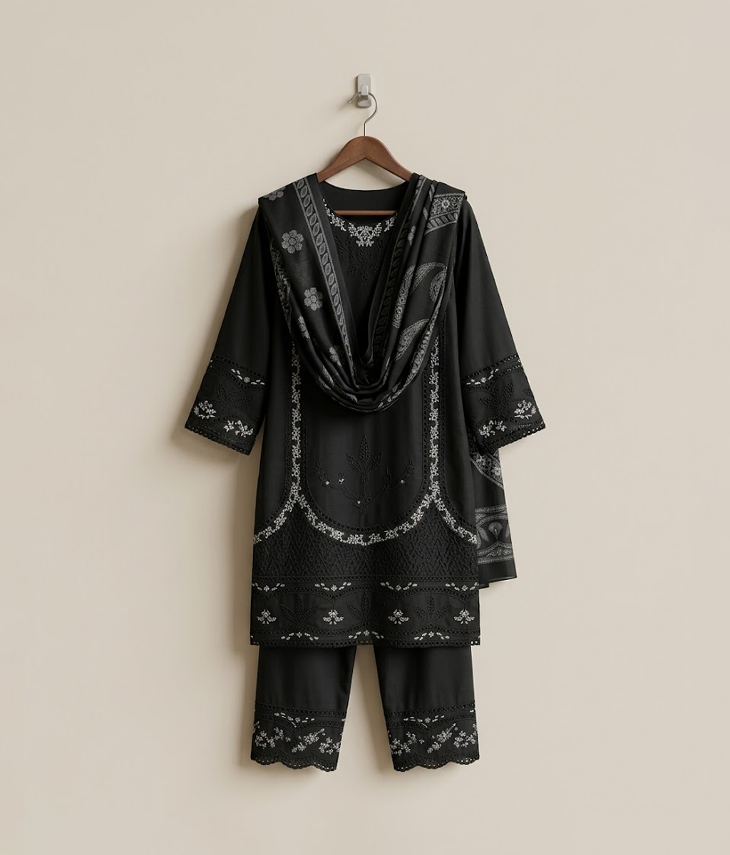 Black cotton 3 piece with minimal embroidery work