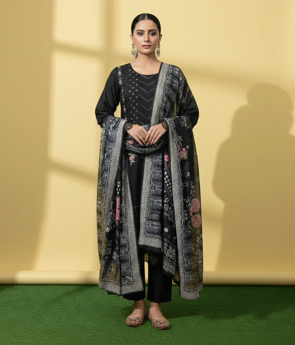 Black cotton 3 piece with multicolored embroidery
