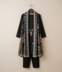 Black cotton 3 piece with multicolored embroidery
