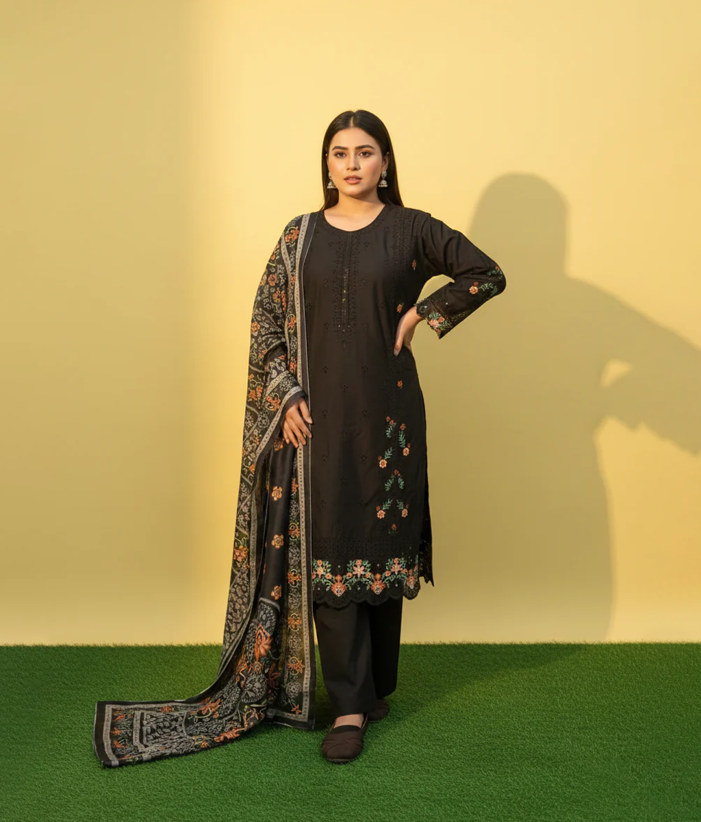 Black cotton embroidered long shirt with trouser and dupatta