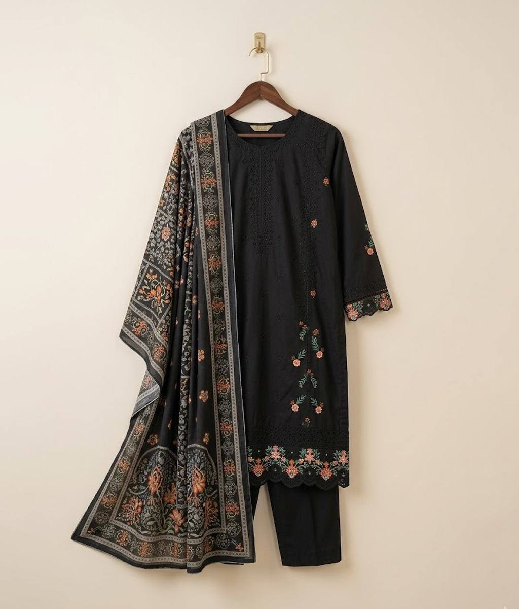 Black cotton embroidered long shirt with trouser and dupatta