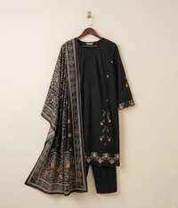 Black cotton embroidered long shirt with trouser and dupatta