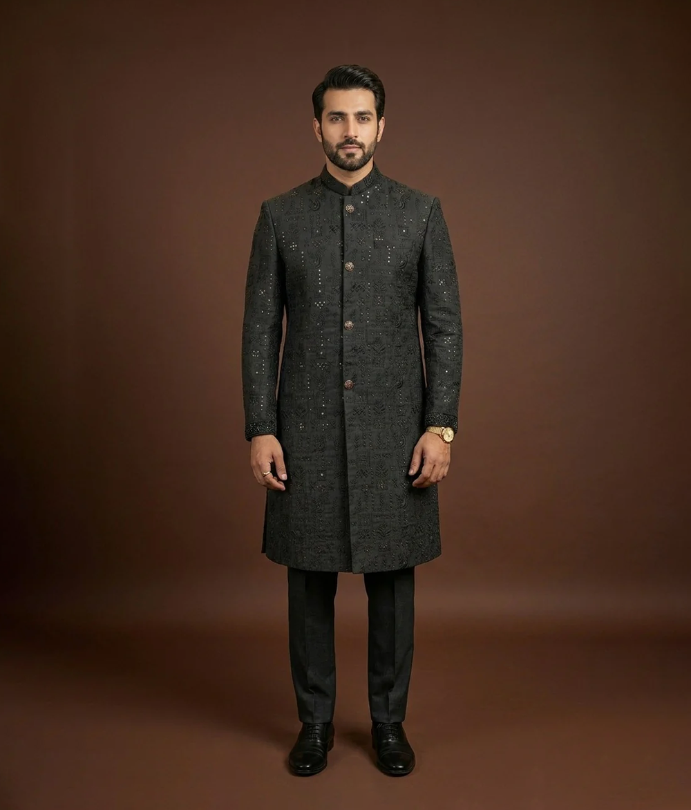 Black handmade Sherwani embroidered Sleeves
