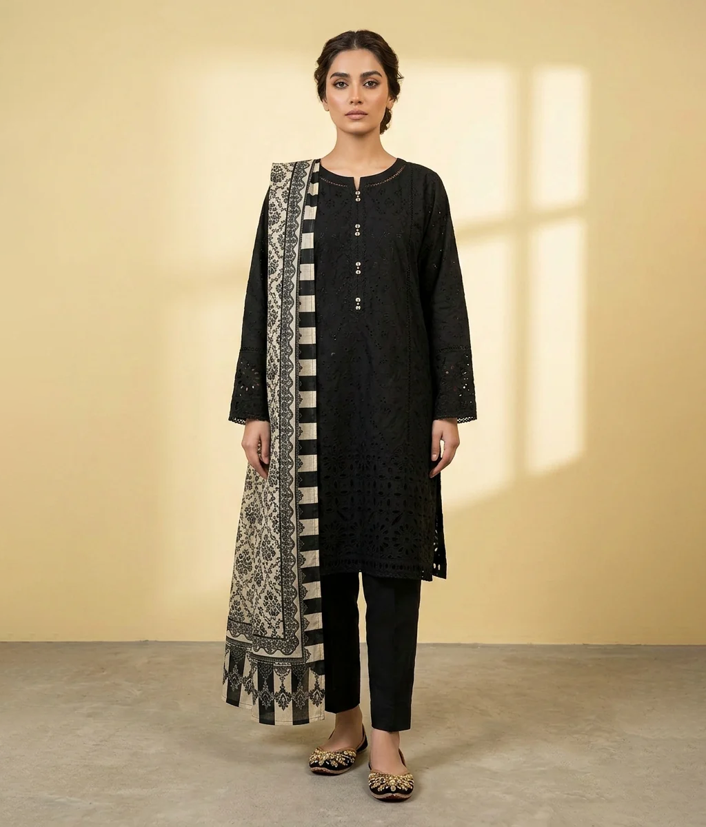 Black plain 3 piece suit with printed dupatta