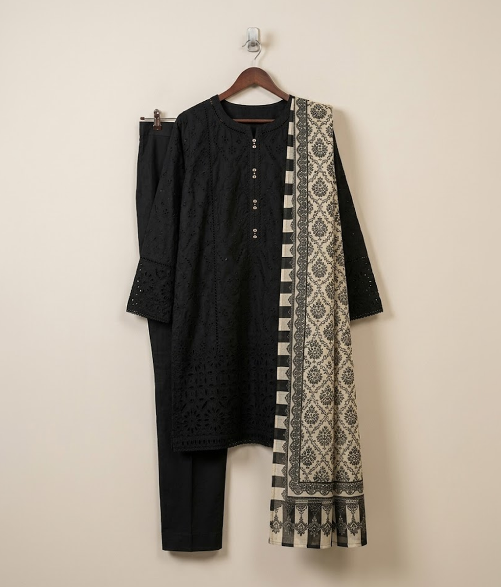 Black plain 3 piece suit with printed dupatta