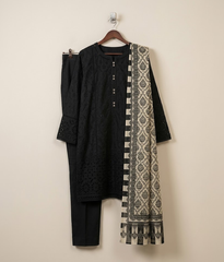 Black plain 3 piece suit with printed dupatta