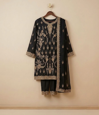 Raw Silk 3 Piece Suit Heavy Dabka Work with Dupatta and Plain Trousers