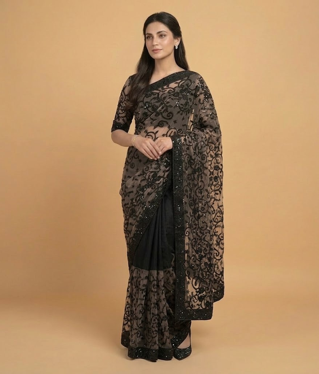 Black sequin net saree