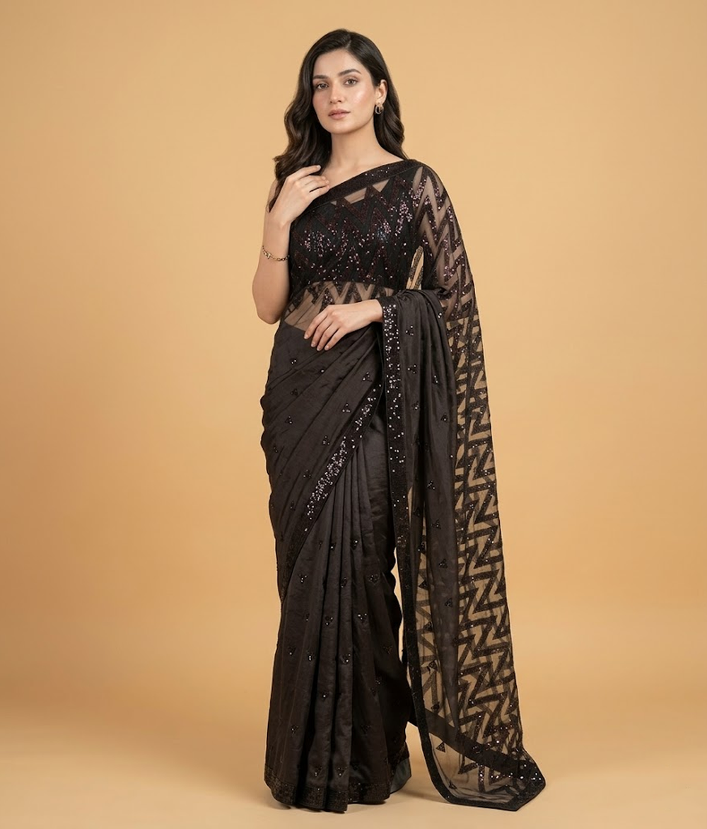 Black zigzag net saree
