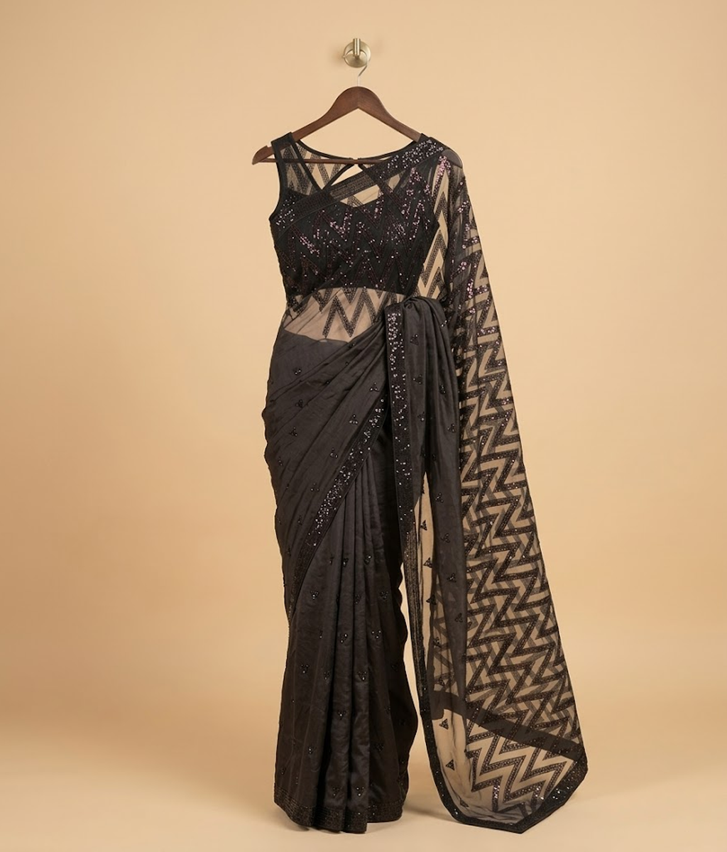 Black zigzag net saree