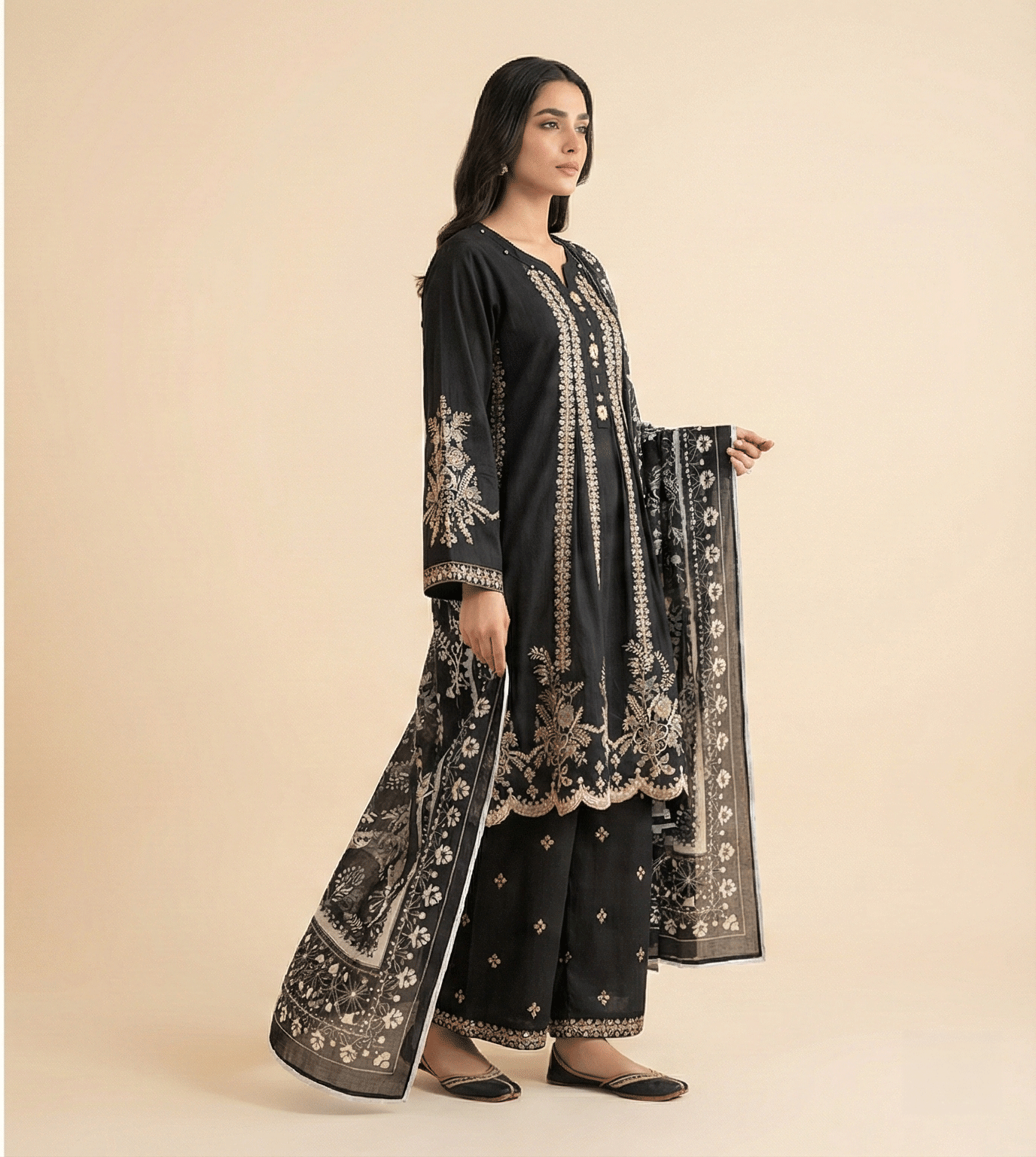 Black Cotton Embroidered A-Line 3 Piece Suit